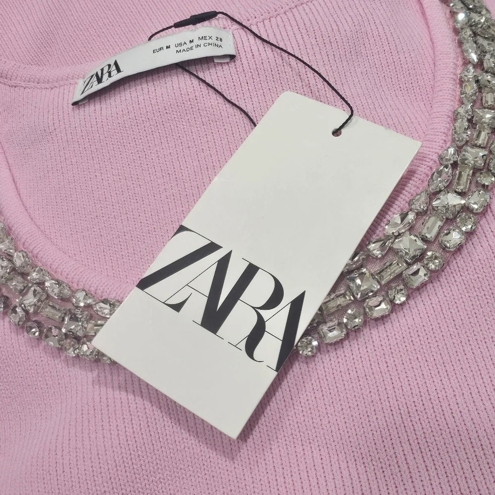 Zara JEWEL KNIT MINI DRESS WITH RHINESTONES IN PINK - Picture 6 of 7